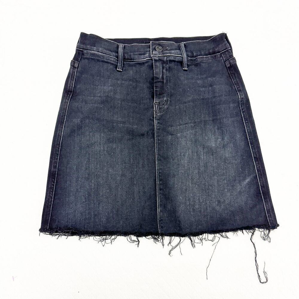 Mother The Coin Mini Fray Blackbird Black Denim Skirt Frayed Hem Size 25